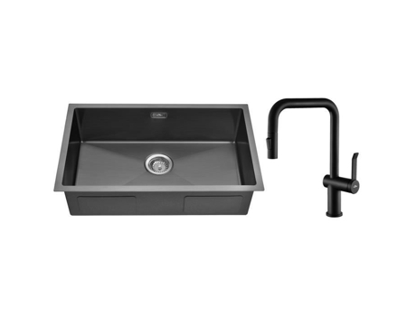 Pia de 1 Tigela 70X44X19Cm Preta Sob Montagem com 2 Funções Torneira de Cozinha Removível Spray e Sistema de Drenagem AURALUM MAX