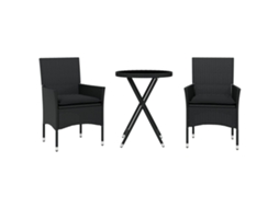 Conjunto 3 de Bistrô com Almofadões VIDAXL Vime Pe/Vidro Preto