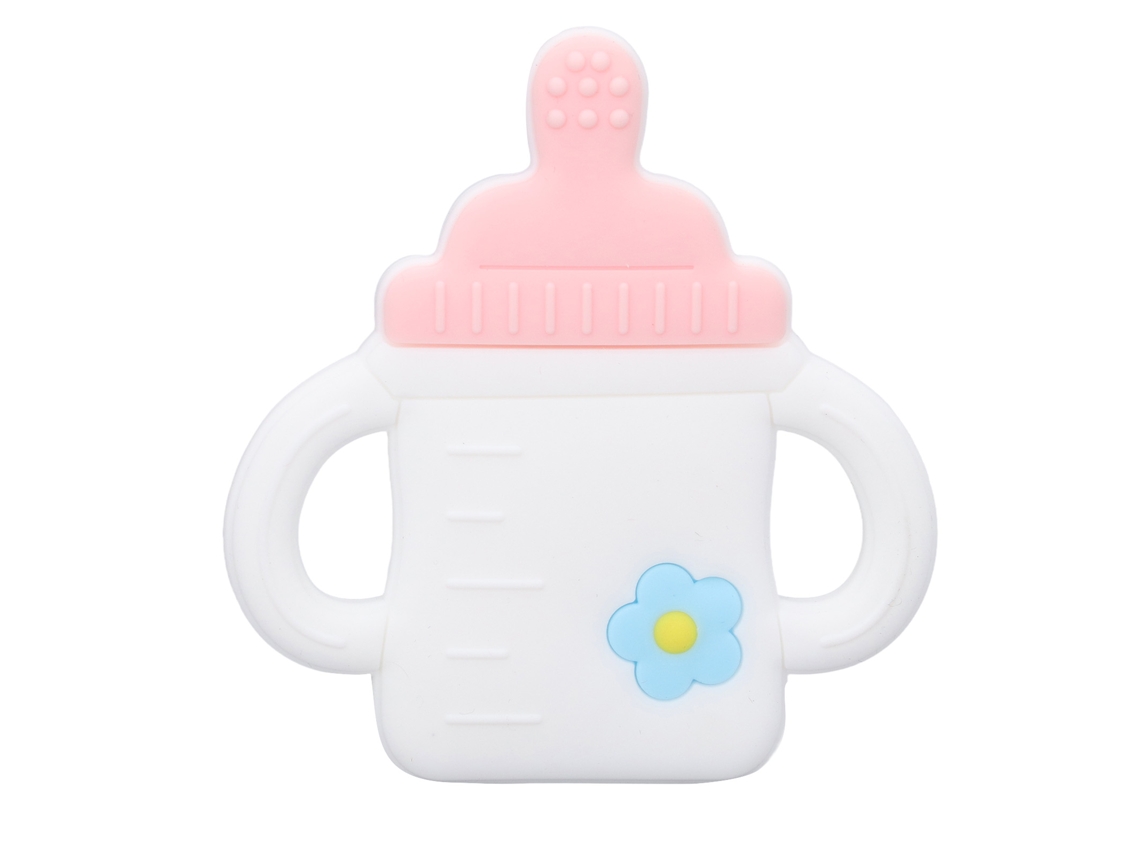 Chupeta De Dentição De Silicone Para Bebê Forma De Mamadeira Cartoon Rosa Brinquedo Macio Flexível