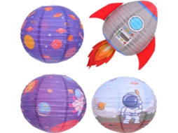 Conjunto De 4 Lanternas De Papel Com Tema Espacial: Foguete, Planeta Azul,