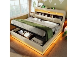 Cama Casal 160x200cm Armazenamento Hidráulico Usb Type-c Led Bege