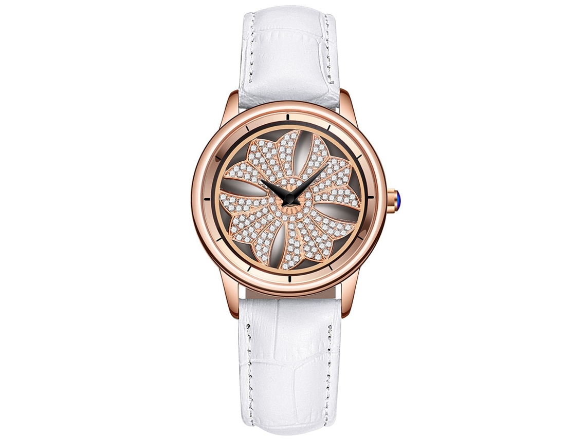 Relógio de Pulso Feminino de Quartzo com Strass e Flor Resistente À Água 30m Branco
