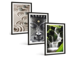 Composição De Quadros Na Parede Paz, Pedras, Cachoeira, Buda, Zen Moldura Preta Fotos Para O Escritório Espelharte (3 Piezas De 40x60 Cm)