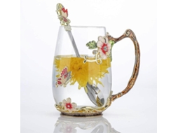 Taza de Vidrio Con Flor Y Mariposa Y Cuchara (roja alta)
