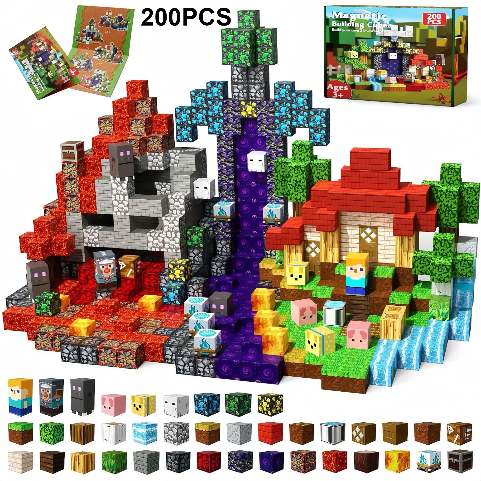 Conjunto De Blocos De Construção Magnéticos (200 Peças), Blocos Para Montar Personagens De Minecraft, Brinquedo Educativo Stem