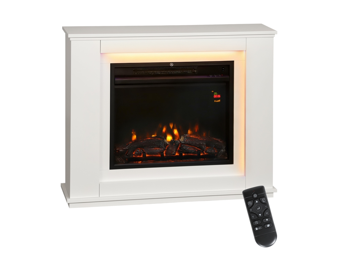 Lareira Elétrica Integrada Com Chama 3d, 2000w Silenciosa, 12 Cores, Termostato, Timer E Controle Remoto Para 30, Branca.