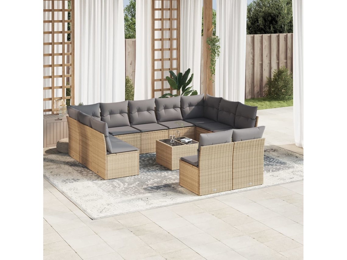 Vidaxl 12 Pcs Conjunto De Sofás P/ Jardim Com Almofadões Vime Pe Bege