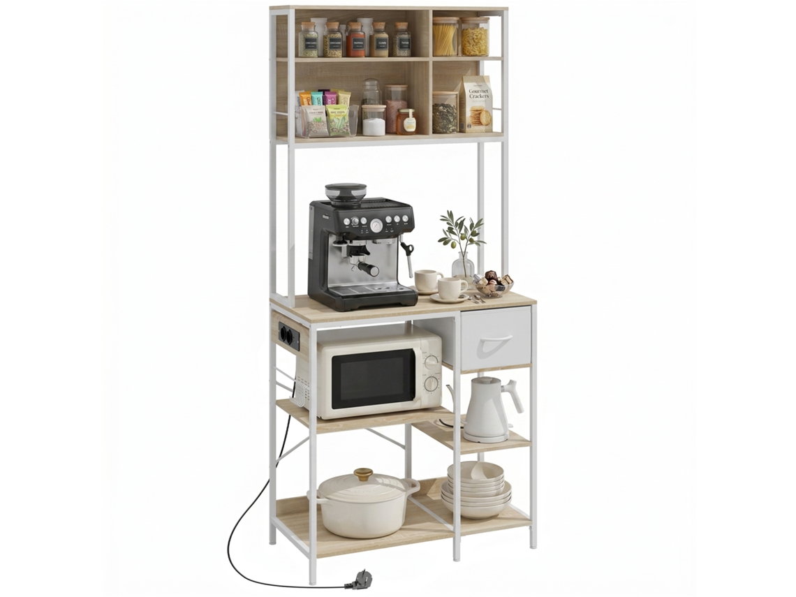 Estante De Cozinha Suporte De Micro-ondas Com Prateleiras E 6 Ganchos Para Espaços Pequenos 80x40x181 Cm Carvalho