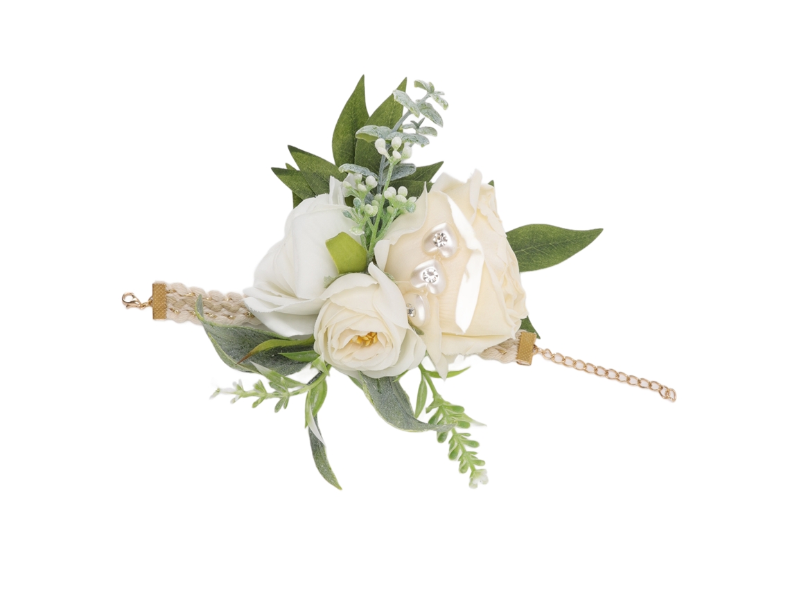 Pulseira Corsagem de Noiva com Rosas Brancas e Folhas Verdes para Casamento e Festas