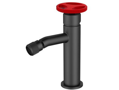 Torneira de Bidé de Pé com Acabamento Preto e Manípulo Vermelho em Design Industrial