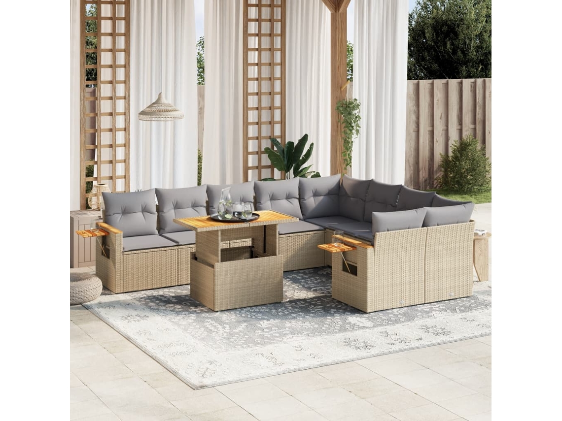 Vidaxl 10 Pcs Conjunto De Sofás P/ Jardim Com Almofadões Vime Pe Bege
