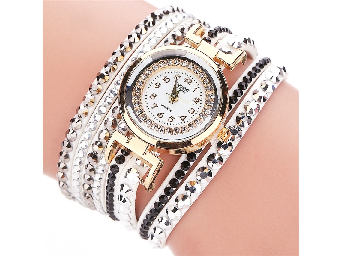 Relógio de Pulso Feminino de Quartzo com Pulseira de Camadas Múltiplas e Strass Branco