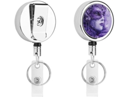 Porta Crachá Retrátil Roxo Texturizado Com Efeito Degradê, Feito De Metal Resistente, Com Chaveiro Divertido E Cordão De
