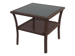 Mesa de Vime Quadrada 50x50x45 Cm Mesa de Jardim e Prateleira Tampo de Vidro Suporta 30 Kg para Terraço Pátio Castanho Ge
