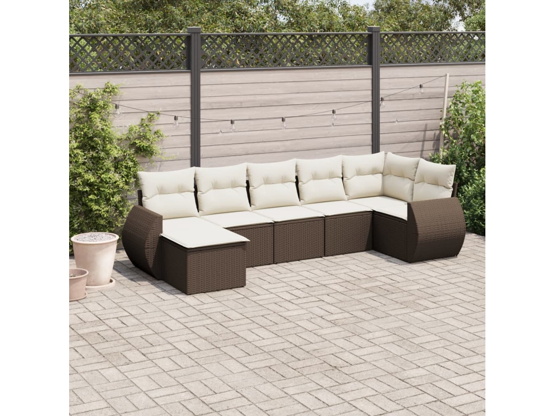 7 Pcs Conjunto De Sofá Jardim C/ Almofadões Vime Pe Marrom Dkd Home Decor