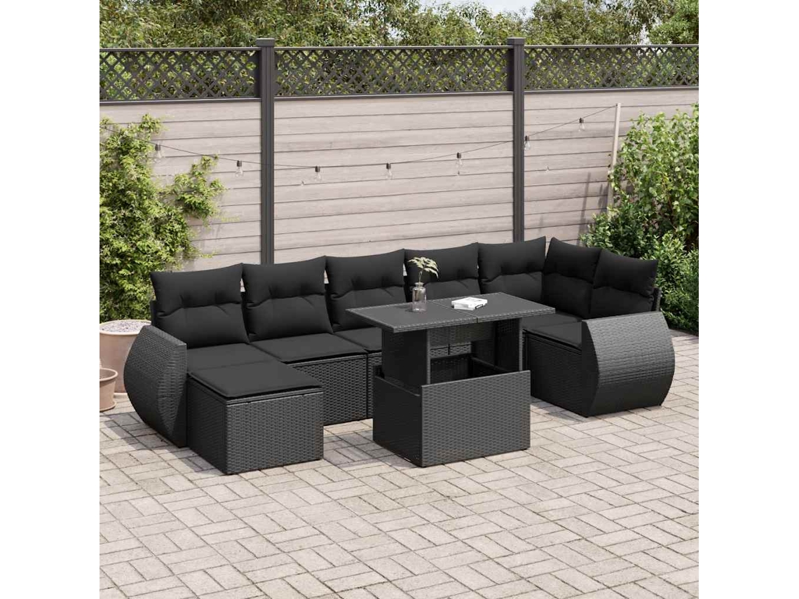 Vidaxl 8 Pcs Conjunto Sofás De Jardim Com Almofadões Vime Pe Preto
