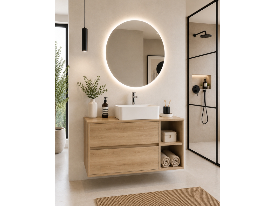 Móvel De Casa De Banho Com Bancada De Madeira E Lavatório De Pousar Origenbath Zeus Sem Espelho 80x45 Cm Direita Estepa