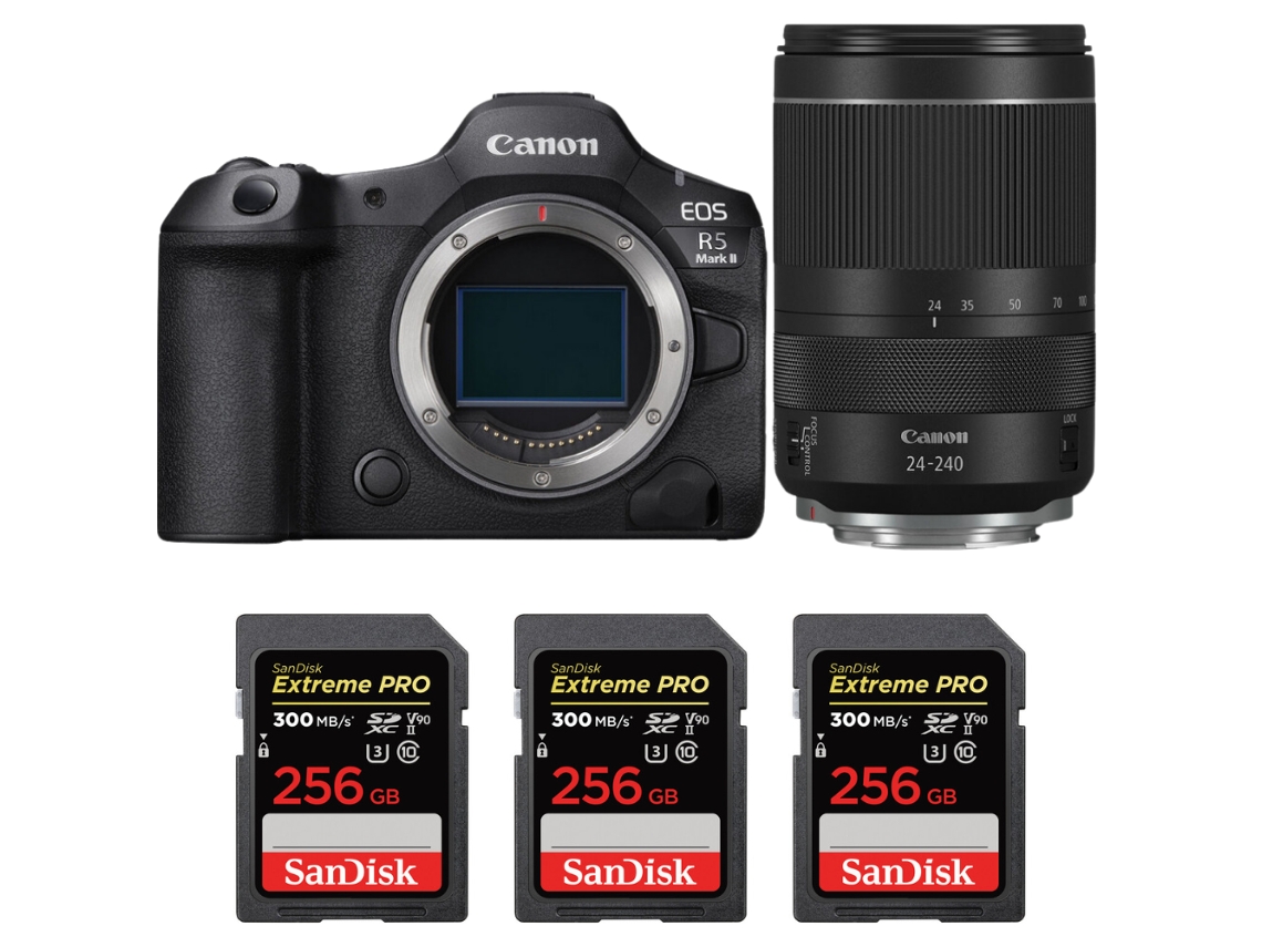 Eos R5 Mark Ii + Rf 24 240mm F/4 6.3 Is Usm + 3 Sandisk 256gb Uhs ii 300mb/s + Ebook “20 Dicas para Fotos Que Impressionam” CANON