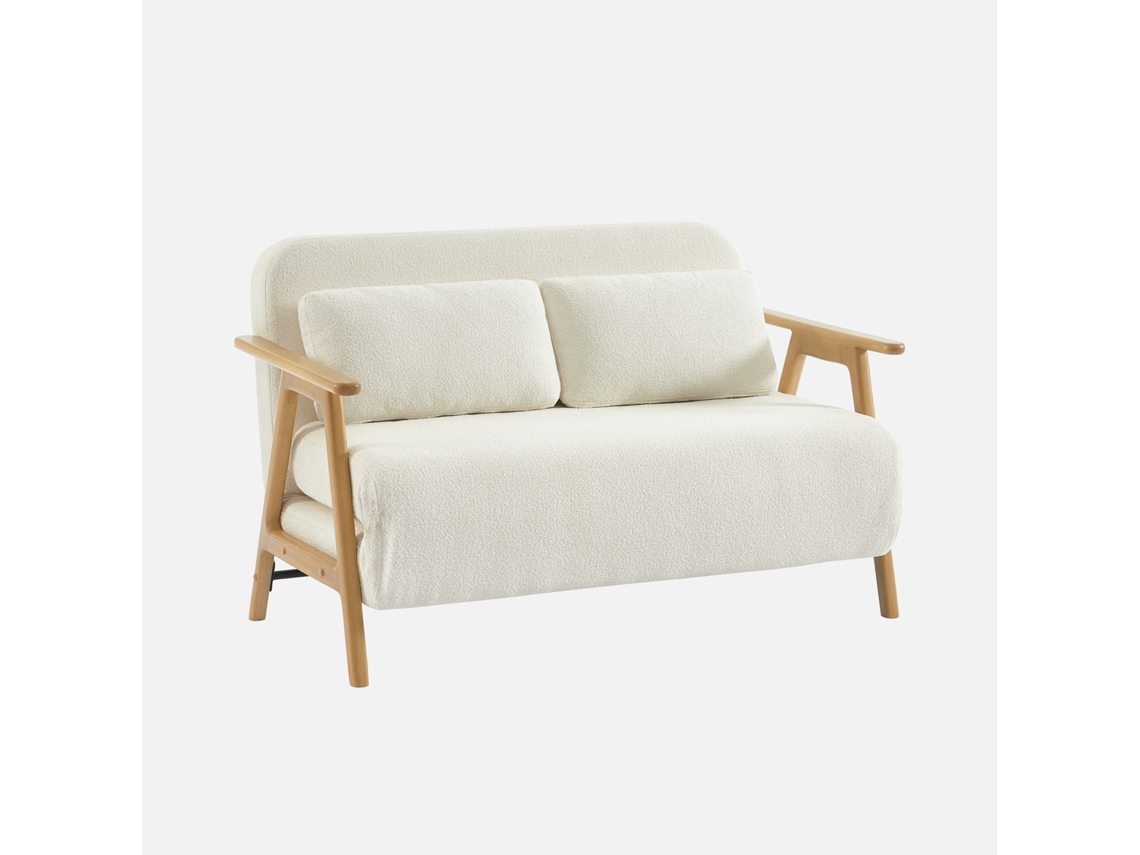 Sofá-cama Em Tecido Bouclé Com Estrutura Em Madeira, 2 Lugares, Creme