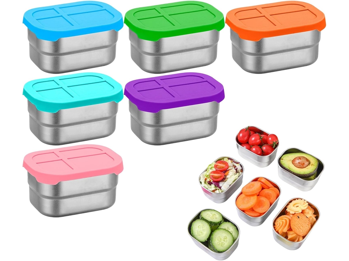 Conjunto De 6 Recipientes De Aço Inoxidável Para Lanches 240 Ml Com Tampas De Silicone À Prova D Gokoco