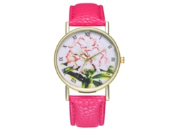 Reloj De Pulsera De Cuero Con Patrón De Plantas Moda Unisex Cuarzo (rojo Rosa)