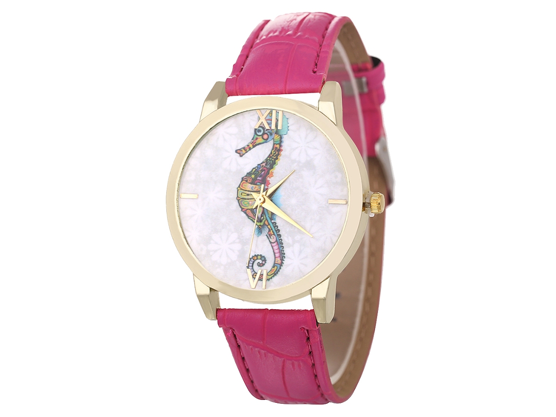 Relógio analógico de quartzo com pulseira de PU para mulheres e homens, mostrador colorido com cavalo-marinho (vermelho e rosa)
