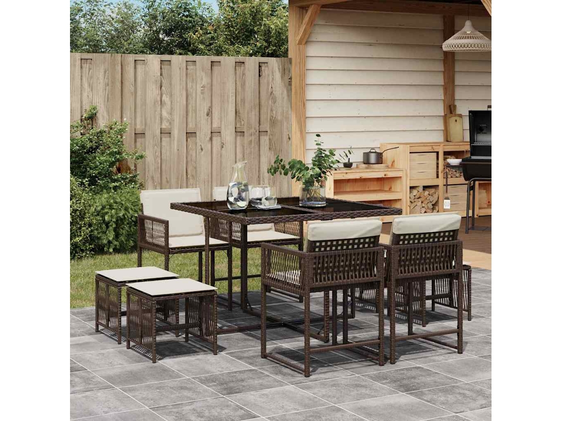 Vidaxl 9 Pcs Conjunto Jantar P/ Jardim C/ Almofadões Vime Pe Castanho