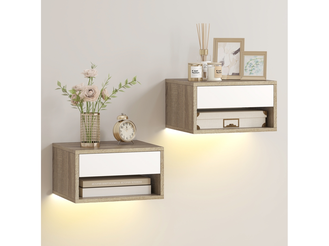 Conjunto De Mesas De Cabeceira Melamina De Madeira Cor Natural And White 37x32x21 Cm Homcom