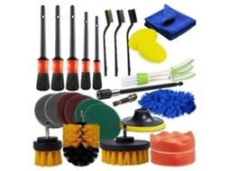 Kit de limpeza e polimento automotivo com 27 peças: escovas, esponjas para cera e ferramentas de polimento para polidora de carros.