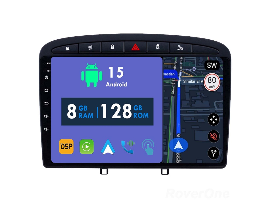 Auto Rádio Carro Bluetooth Autoradio 8GB RAM 128G ROM CarPlay Navegação GPS Ecrã Táctil RoverOne para Peugeot RCZ 308 SW 2007-2015 408 2012-2020