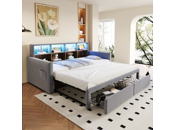 Cama Sofá cama 90x200cm, Cabeceira com Armazenamento, Led, Tomadas, Veludo Cinza GE
