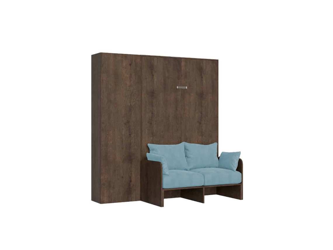 Cama De Casal Dobrável Francesa Kentaro 140 Cm Com Sofá E Coluna De Nogueira, Azul Claro