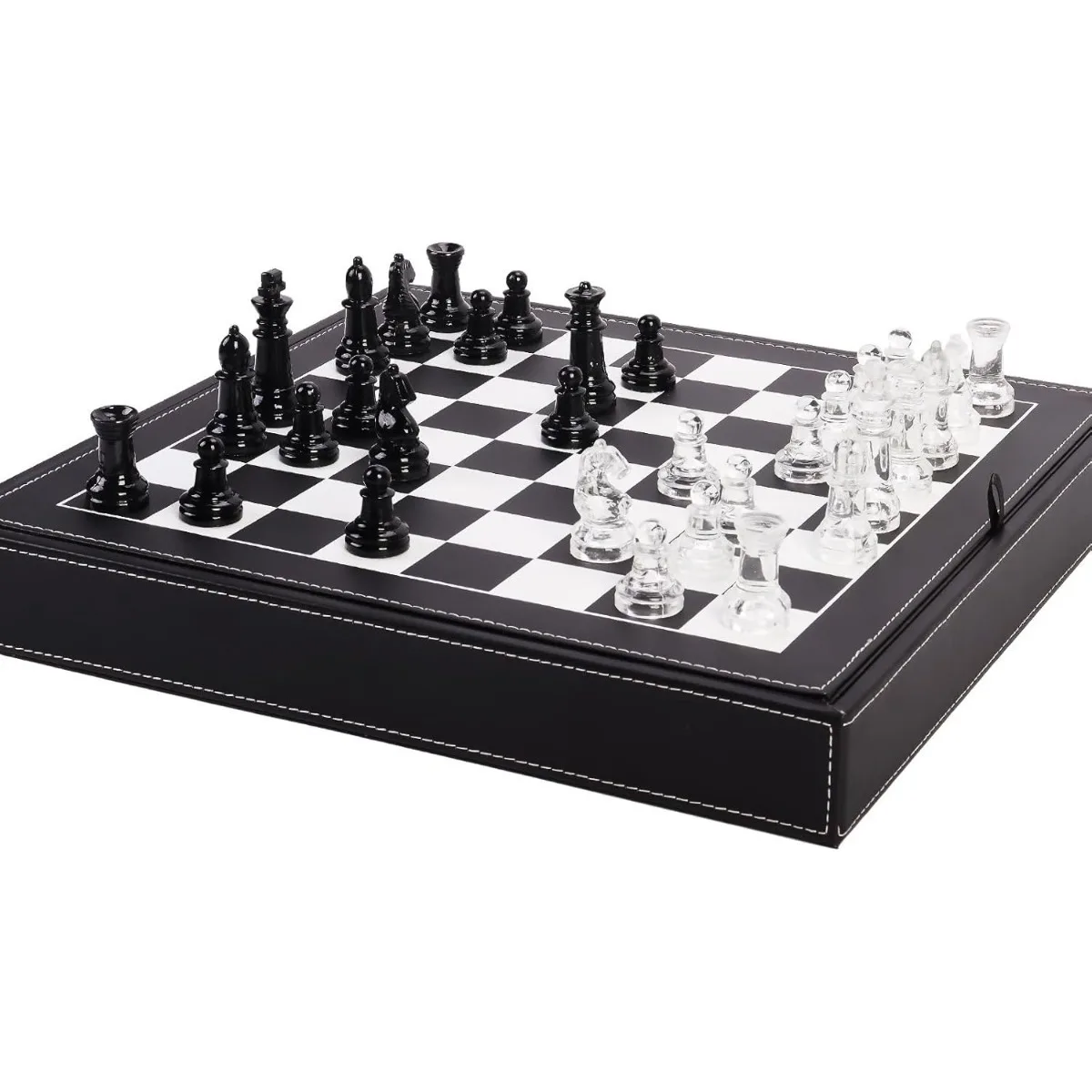 Jogo De Xadrez De Vidro Com 2 Damas Extras, Acompanha Caixa De Armazenamento Em Couro De 33,5 Centímetros (13,2 Polegadas) E Tabuleiro De Xadrez.