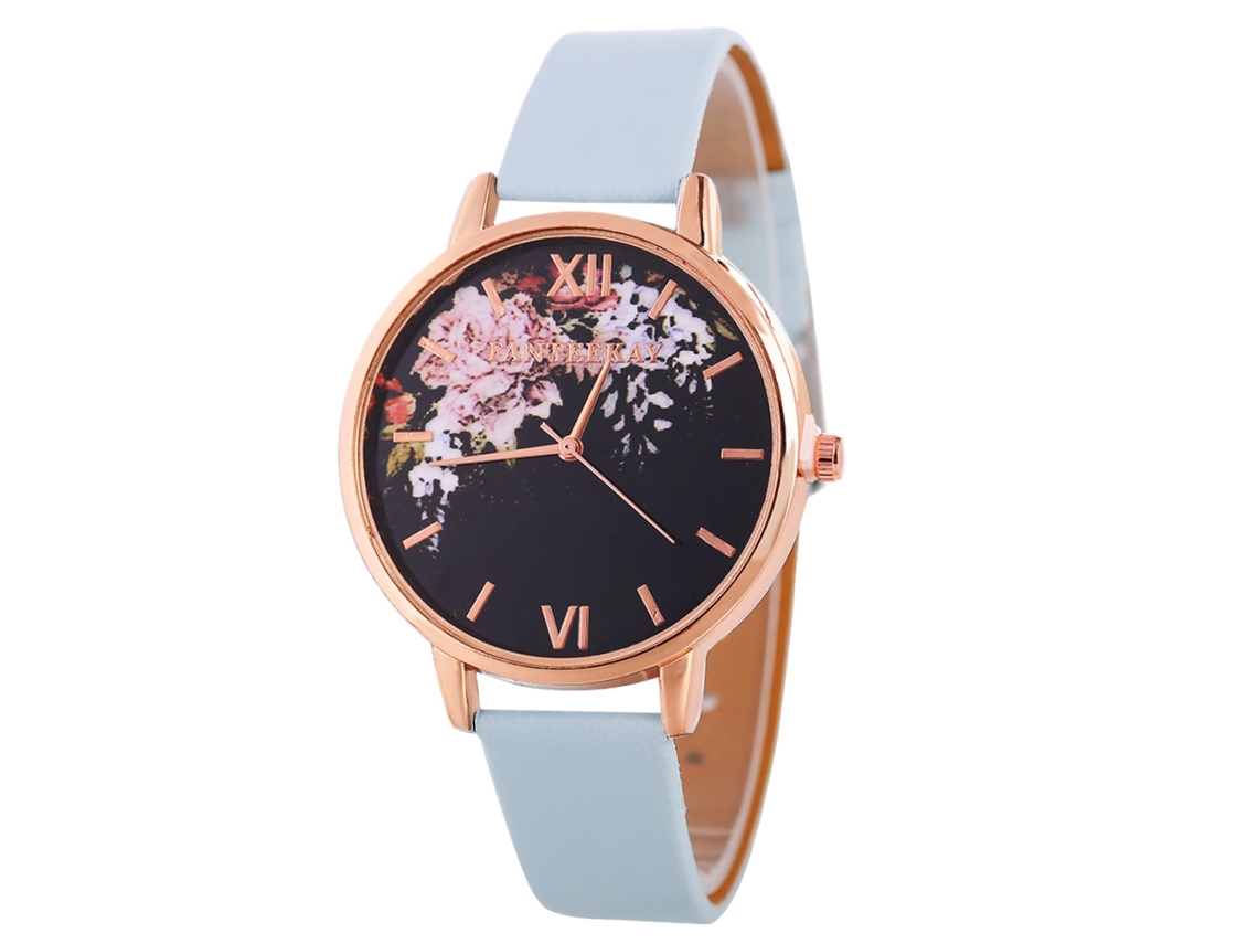 Relógio de Pulso Feminino com Padrão Floral e Pulseira de Couro Estilo Moderno Azul Claro