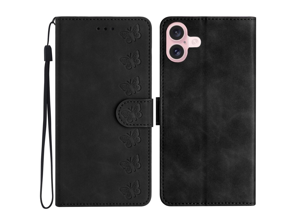 Capa Em Couro Pu Com Suporte, Para Iphone 16 Plus Preto
