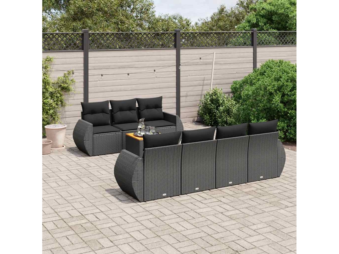 Vidaxl 8 Pcs Conjunto Sofás De Jardim Com Almofadões Vime Pe Preto