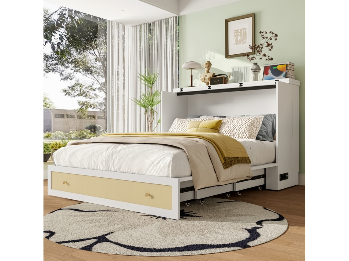 Cama Retrátil 140x200cm com Escrivaninha, Gavetas, Prateleira, Usb, Tomada, Branco KOMHTOM