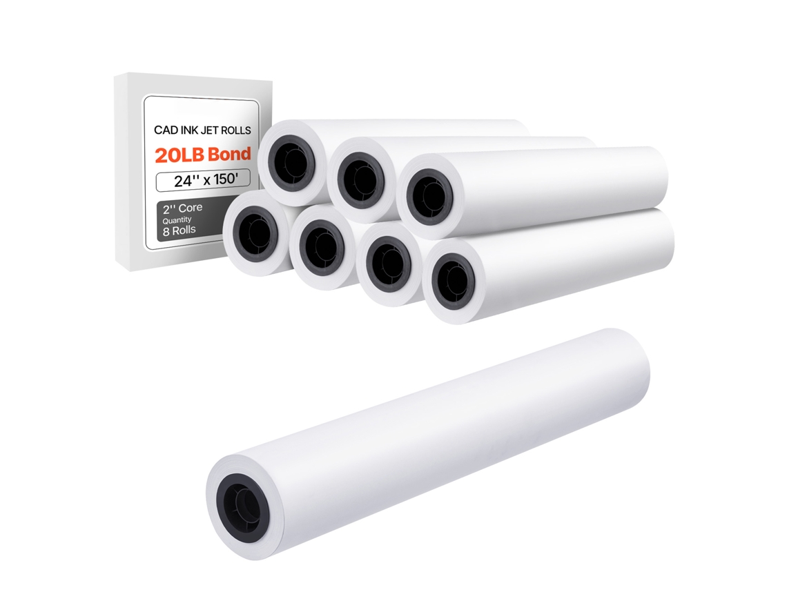 Rolos de Papel Formato Largo, 609,6 Mm Largura e 45,7 M Comprimento, 8 Rolos, Ideal para Desenhos Cad, Plantas Técnicas, Mapas Gis, Projetos