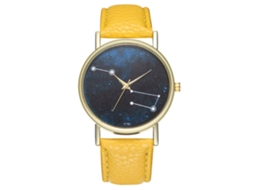 Relógio de pulso de quartzo masculino e feminino com pulseira de couro PU e mostrador redondo amarelo.