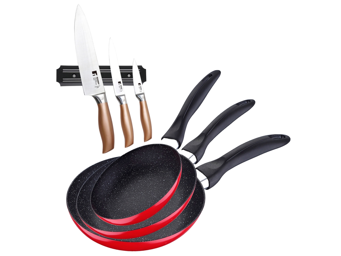 Conjunto De 3 Frigideiras Bergner Em Mármore Vermelho Marinho, Ø16ø20ø24cm, Com Facas E Suporte Magnético.