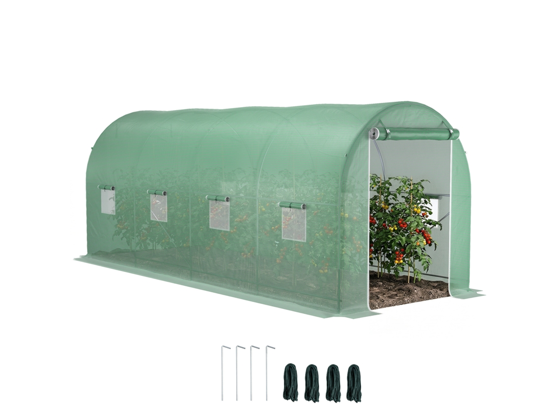 Estufa Túnel 500x200x205cm com Porta Enrolável, 8 Janelas, Cobertura PE 140 G/m² Verde BTFORUS