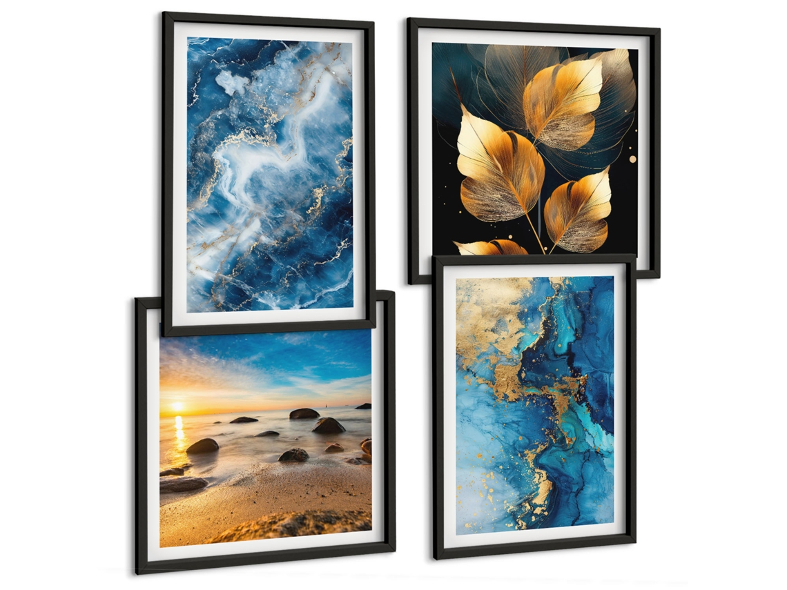 Composição De Quadros Flores Mármore Elegância Espelharte (4 Peças)