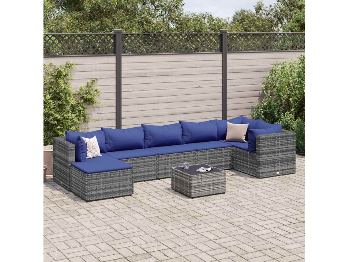 Vidaxl 8 Pcs Conjunto Lounge De Jardim C/ Almofadões Vime Pe Cinzento