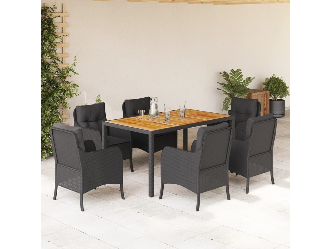 Vidaxl 7 Pcs Conjunto De Jantar P/ Jardim C/ Almofadões Vime Pe Preto
