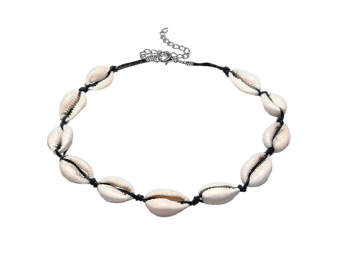 2026 collar de Conchas Negras com Correia de Couro Imitado e Cadeia Extensível de 10cm