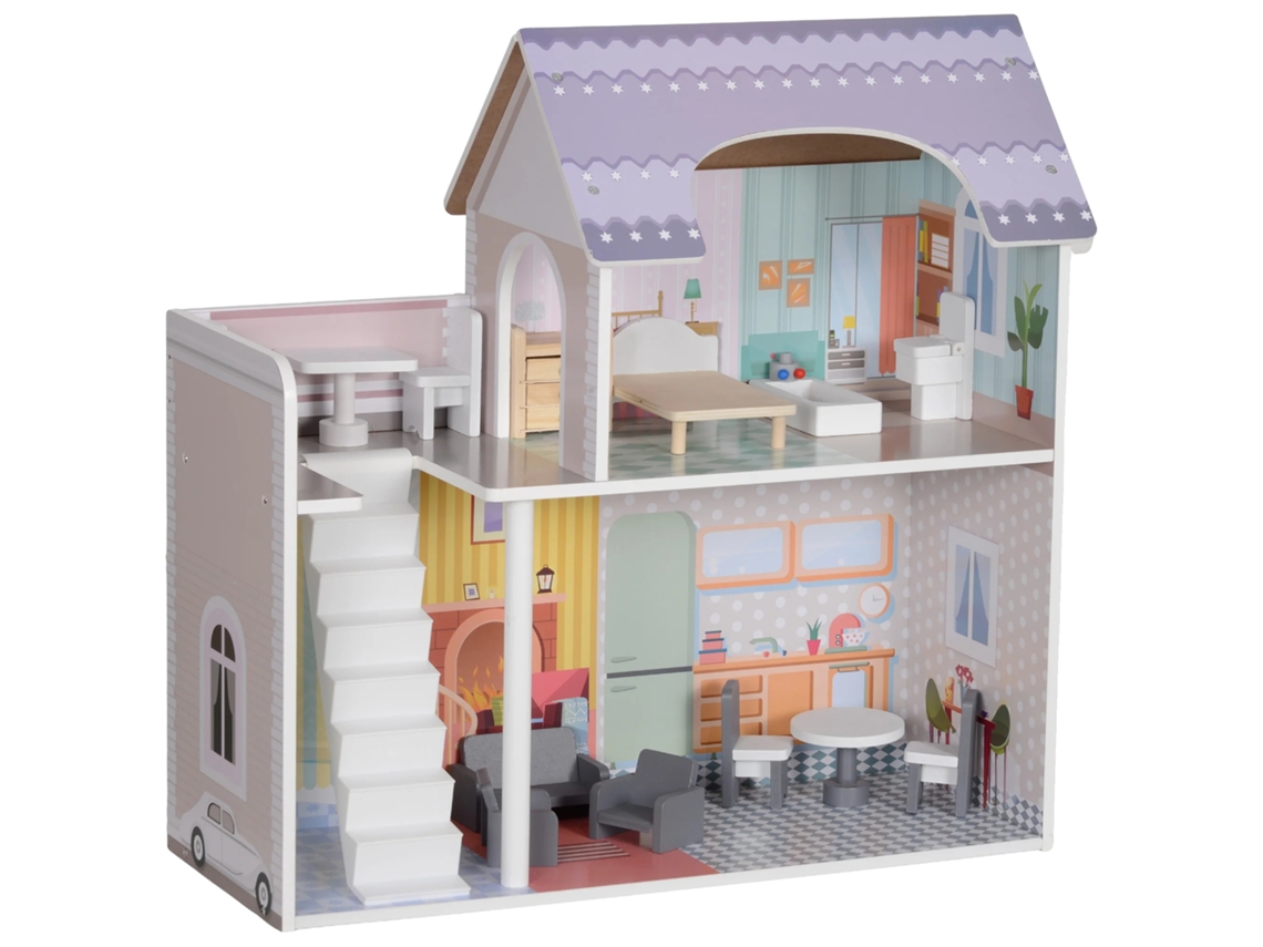 Casa De Bonecas Com Móveis, 60 Cm De Altura, 2 Andares, 13 Acessórios Inclusos, Construção Segura Em Mdf, Aplicável Para Idades A Partir De 3 Anos