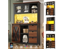 Armário Alto Moderno Com Luz Led E Controle Via App, Armário De Cozinha Ou Sala Com Gaveta, Aparador Com Porta De Correr E Três Gavetas, Preto.