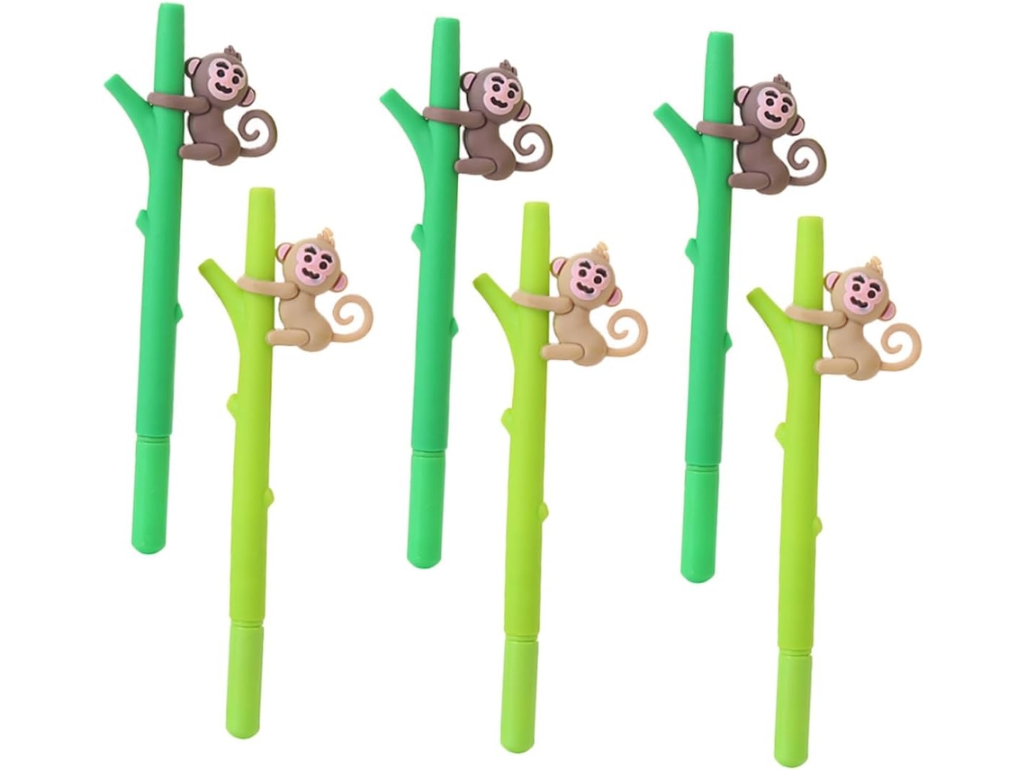 6 Canetas Gel Com Estampa De Macaco Fofo, Ergonômicas, Escrita Suave,