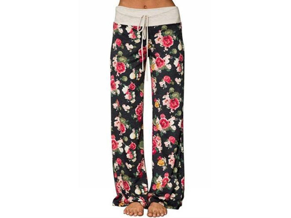 2026 pantalones de Descanso Amplios Con Estampado Floral Elástico para Mujer, Cómodos Con Cordón Ajustable M Black3