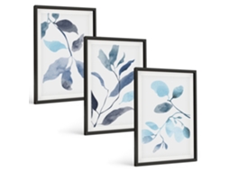 Quadros Decorativos Para Parede Folhas Azuis, Aquarela Moldura Preta Imagens Para Um Quarto Infantil Espelharte (3 Piezas De 40x60 Cm)